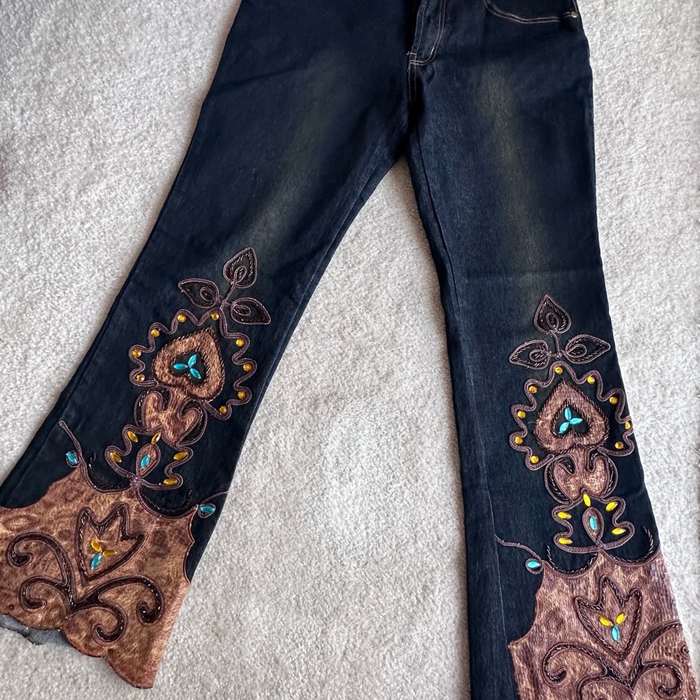 Embroidered Flare Jeans - Black and Brown